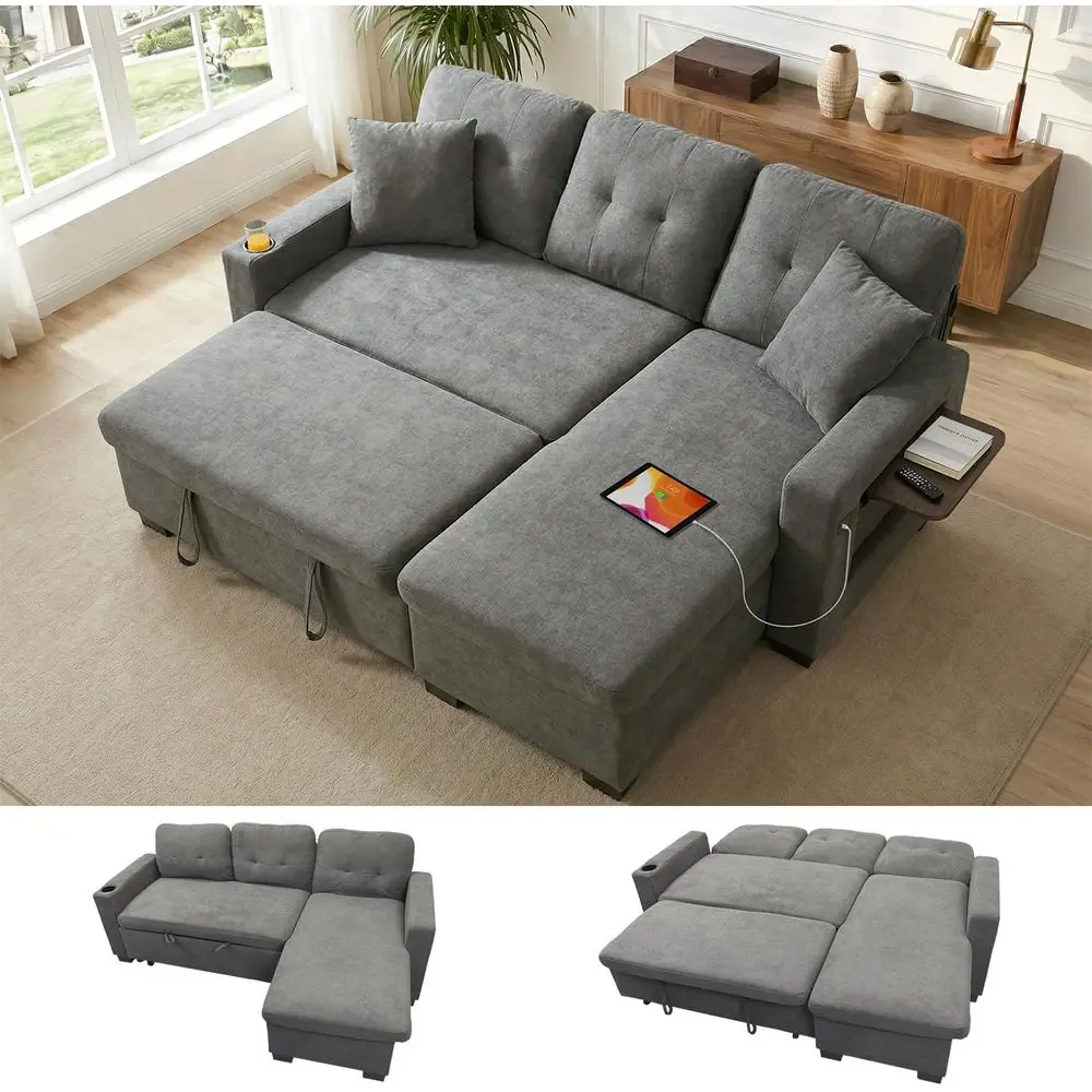 82 L-Shape Sleeper Sofa with Pull-Out Sectional, Storage Chaise, Reclining Backrest, USB Port, Portable Table, Cup Holder, Light
82 L-Shape Sleeper Sofa with Pull-Out Sectional, Storage Chaise, Reclining Backrest, USB Port, Portable Table, Cup Holder, Light