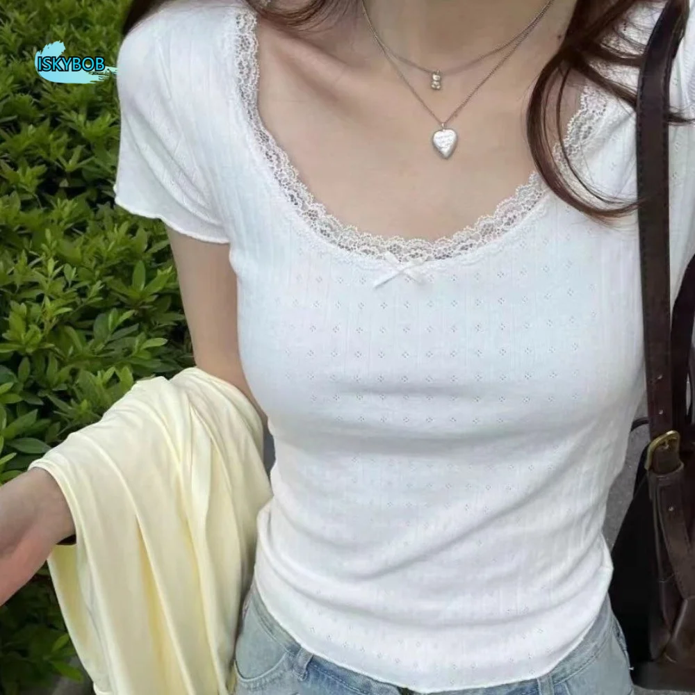Chic Short Sleeve Slim Fit Crop Top Ins Sweet Summer T-shirt Women Ruffle Lace Bow T-shirt Girl
Chic Short Sleeve Slim Fit Crop Top Ins Sweet Summer T-shirt Women Ruffle Lace Bow T-shirt Girl
