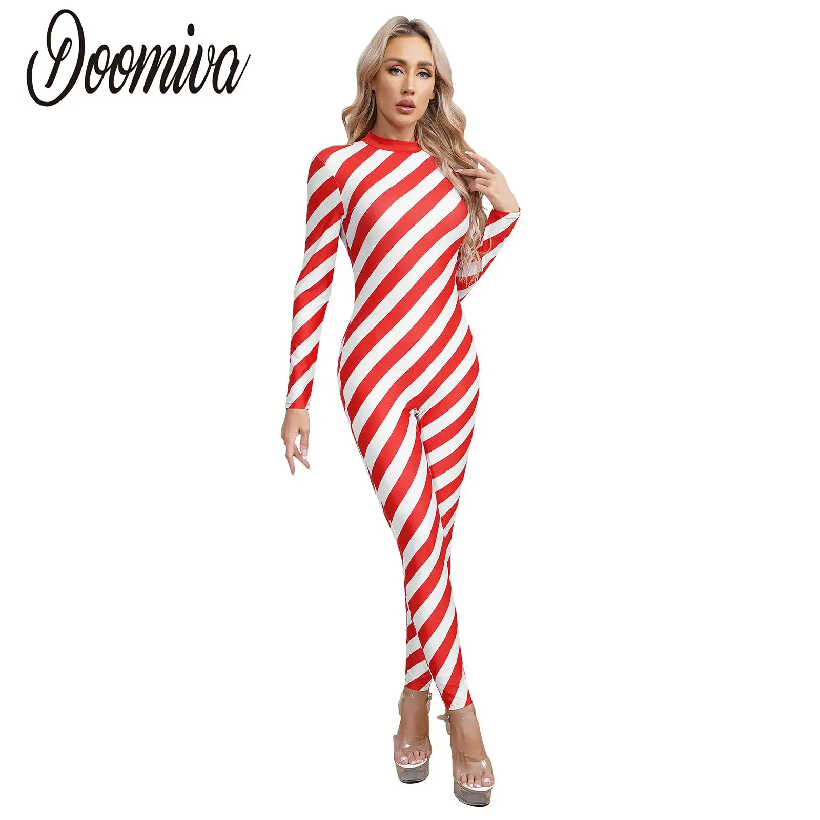 Women Christmas Candy Cane Jumpsuit Santa Costume Striped Unitard Long Sleeve Zipper One-piece Dancewear for Xmas Cosplay Party
Women Christmas Candy Cane Jumpsuit Santa Costume Striped Unitard Long Sleeve Zipper One-piece Dancewear for Xmas Cosplay Party