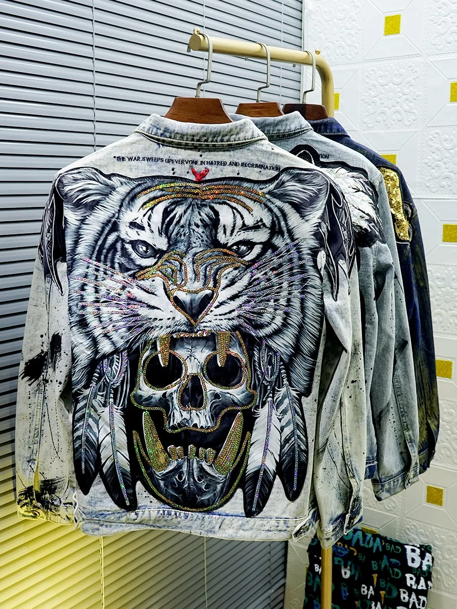 Sli Men's Denim Jaet with Tiger Head And Skull Embroidery Print Retro Splaed Ink Paint Point M Top Outerwear
Sli Men's Denim Jaet with Tiger Head And Skull Embroidery Print Retro Splaed Ink Paint Point M Top Outerwear
