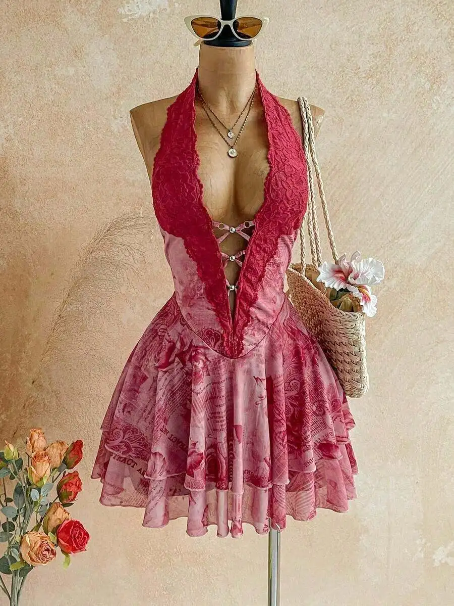 Womens Vintage Halter Backless Lace Up Mini Dress Boho Floral Print Summer Vacation Outfit
Womens Vintage Halter Backless Lace Up Mini Dress Boho Floral Print Summer Vacation Outfit