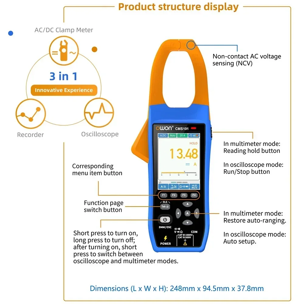 OWON CMS101 3-In-1 Handle Oscilloscope 1000A AC/DC Clamp Meter+ Recorder Function NCV Digital Multifunction Meter 2.8in IPS LCD
OWON CMS101 3-In-1 Handle Oscilloscope 1000A AC/DC Clamp Meter+ Recorder Function NCV Digital Multifunction Meter 2.8in IPS LCD