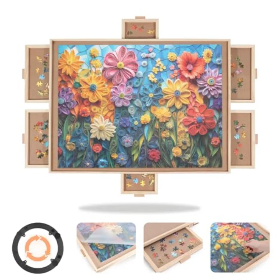1500 Pieces Rotating Puzzle Board with 6 Drawers and Cover, 24.92"x33.58"Portable Wooden Jigsaw Puzzle Table for Adults, Lazy S
1500 Pieces Rotating Puzzle Board with 6 Drawers and Cover, 24.92"x33.58"Portable Wooden Jigsaw Puzzle Table for Adults, Lazy S