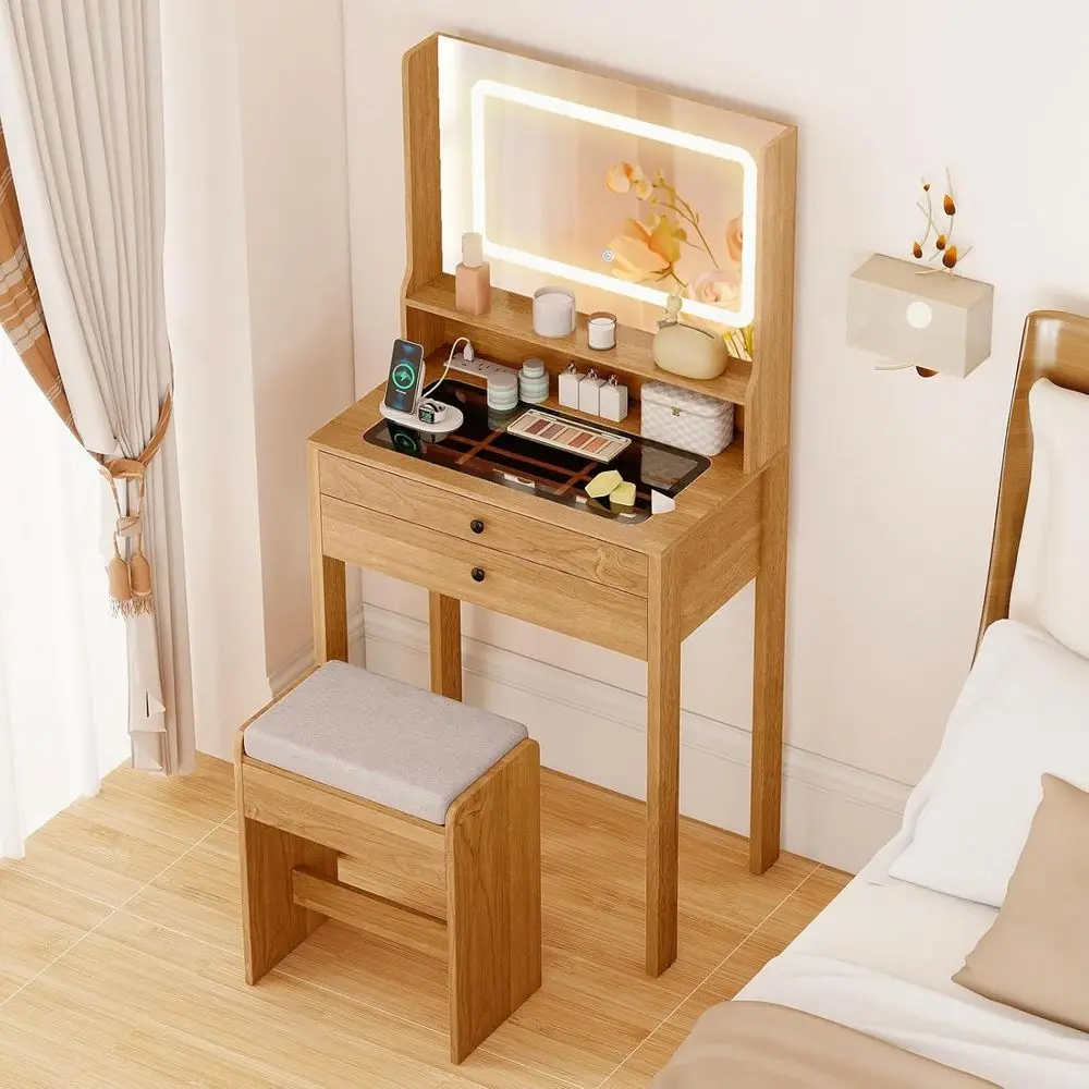 Lighted Mirror Vanity Desk with Charging Station, Glass Top, 2 Drawers, Padded Stool, Rustic Oak Finish
Lighted Mirror Vanity Desk with Charging Station, Glass Top, 2 Drawers, Padded Stool, Rustic Oak Finish