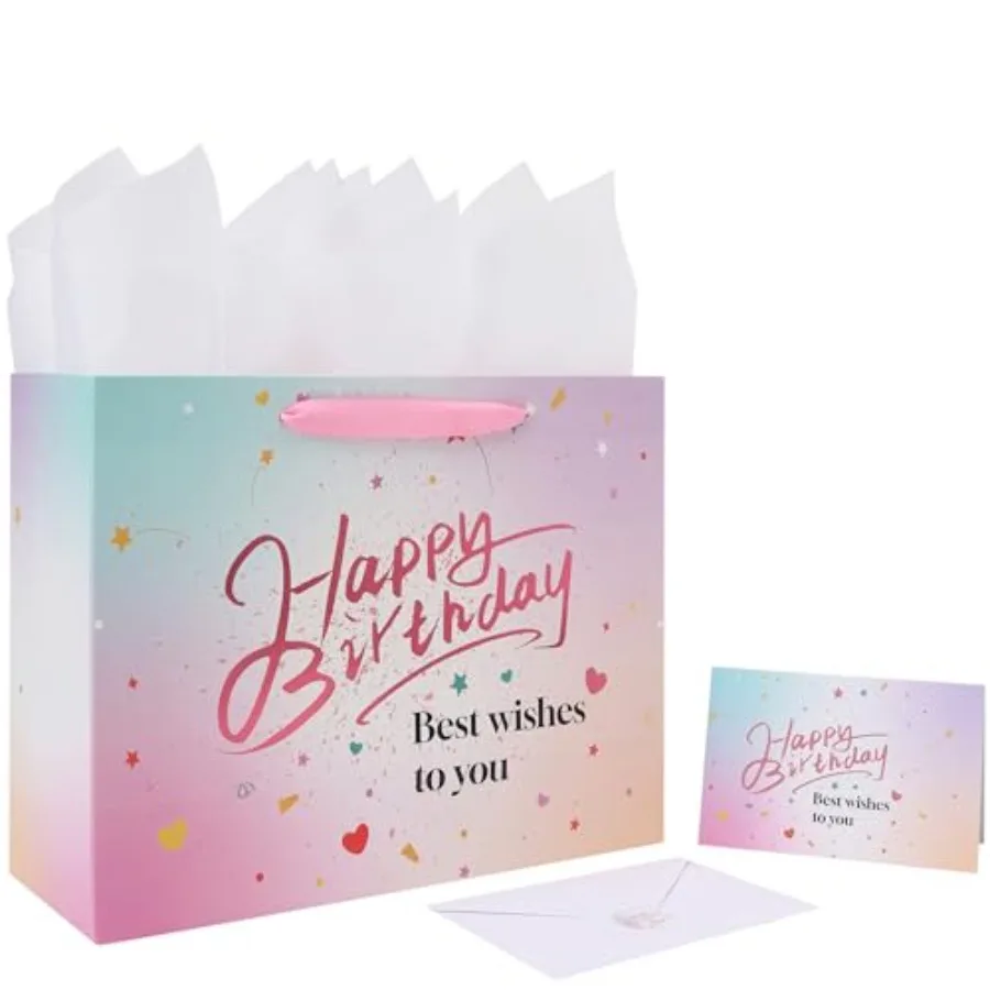 13'' Large Pink Birthday Gift Bag Set with Handles, Greeting Card, Tissue Papers and Stickers for Women Girls Teens, Gold Foil
13'' Large Pink Birthday Gift Bag Set with Handles, Greeting Card, Tissue Papers and Stickers for Women Girls Teens, Gold Foil