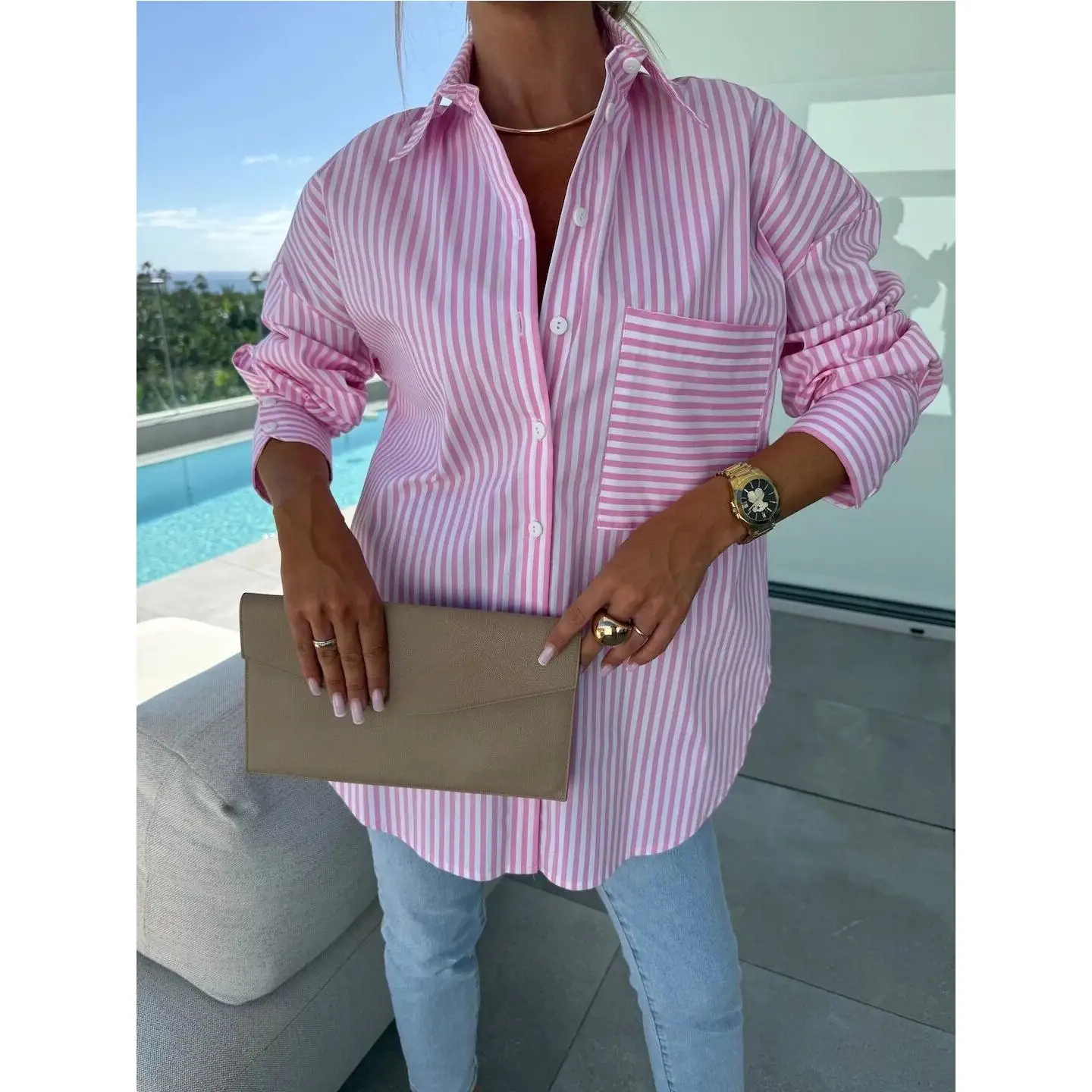 Fashionable Casual Striped Print Long Sleeve Women's Shirt Button up Top V-neck Chinese Style Clothing Spring Season
Fashionable Casual Striped Print Long Sleeve Women's Shirt Button up Top V-neck Chinese Style Clothing Spring Season