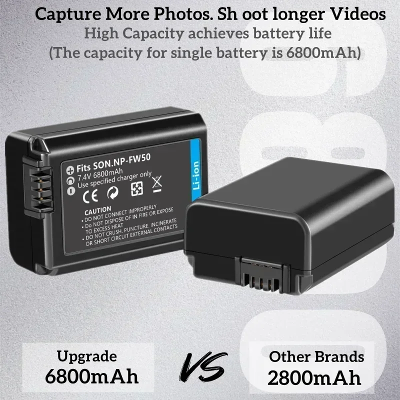 NP-FW50 6800mAh Camera Battery Set Compatible With Sony AlphaA6000,A6500,A6300,A6400,A7,A7II,A7RII,A7SII,A7S,A7S2,A7R
NP-FW50 6800mAh Camera Battery Set Compatible With Sony AlphaA6000,A6500,A6300,A6400,A7,A7II,A7RII,A7SII,A7S,A7S2,A7R