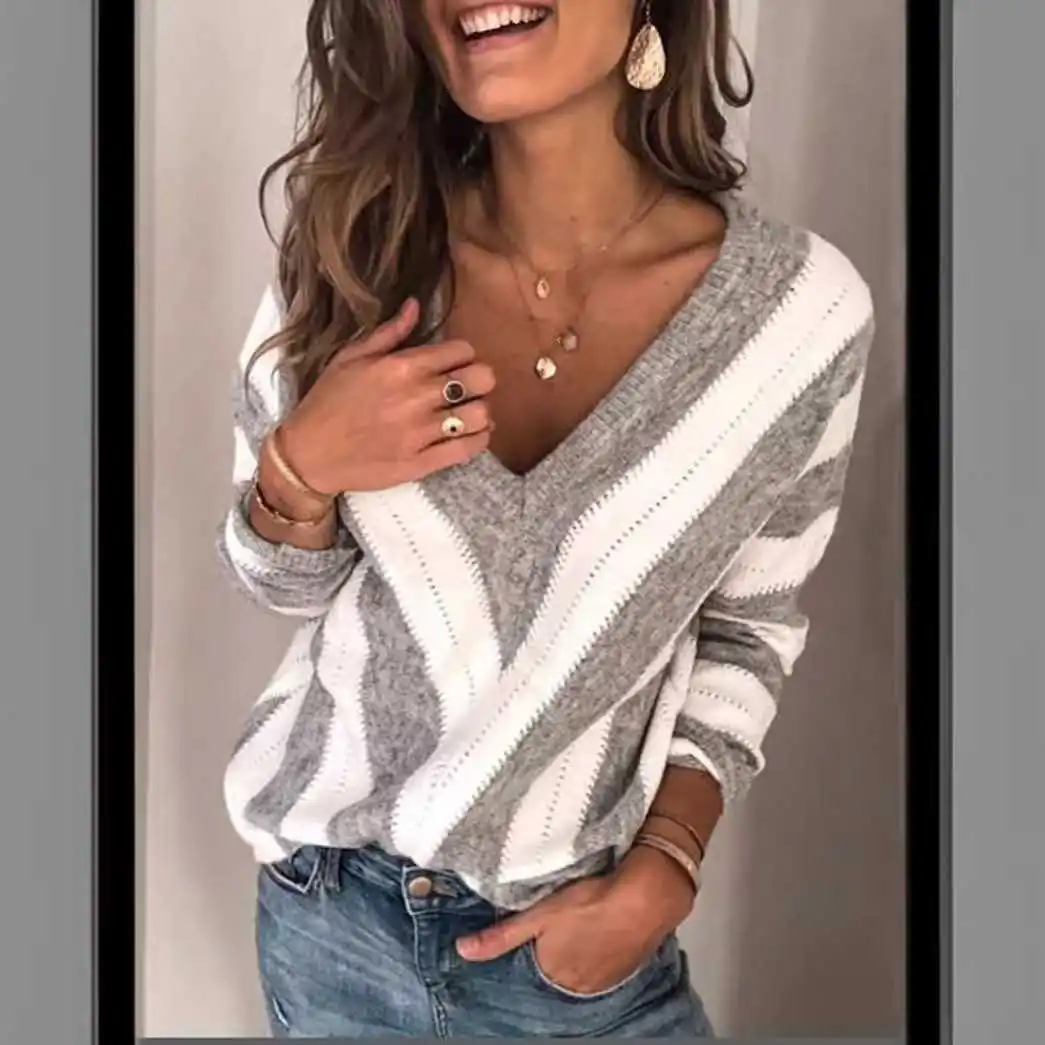 Women's V-neck Striped Knitwear Loose Fit Overhead Polyester Fiber Long Sleeve Spring Fashion Casual Comfortable Top
Women's V-neck Striped Knitwear Loose Fit Overhead Polyester Fiber Long Sleeve Spring Fashion Casual Comfortable Top