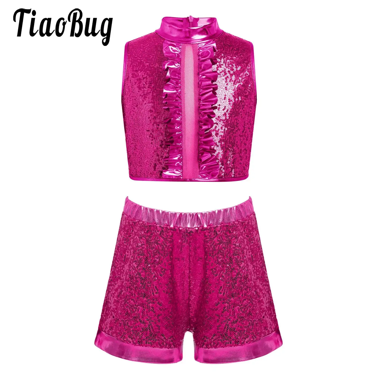 Kids Girls Sequin Jazz Dance Outfits Metallic Cheerleader Set Sleeveless Zip Crop Top with Shorts for Modern Latin Dancing
Kids Girls Sequin Jazz Dance Outfits Metallic Cheerleader Set Sleeveless Zip Crop Top with Shorts for Modern Latin Dancing