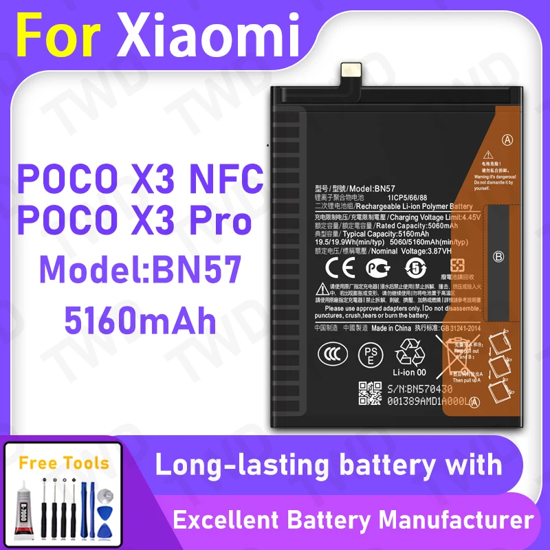 100% New 5160mAh BN57 Battery For XIAOMI POCOX3 NFC/POCO X3 Pro Replacement Bateria+Free Tools
100% New 5160mAh BN57 Battery For XIAOMI POCOX3 NFC/POCO X3 Pro Replacement Bateria+Free Tools