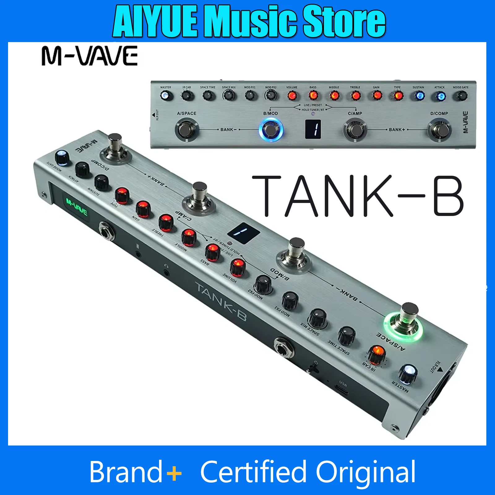 M-VAVE Tank-B Bass Guitar Multi-Effect Pedal 36 Presets 9 Preamp Slots 8 IR Cab Slots 3 Modulation/Reverb/Delay Rechargeable