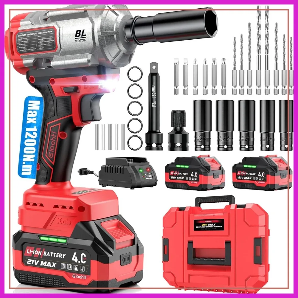 Cordless Impact Wrench 1200Nm, 1/2" Brushless 3-in-1 Tool with 2×4.0Ah Batteries, Socket & Drill Bit Set for Auto Repair
Cordless Impact Wrench 1200Nm, 1/2" Brushless 3-in-1 Tool with 2×4.0Ah Batteries, Socket & Drill Bit Set for Auto Repair