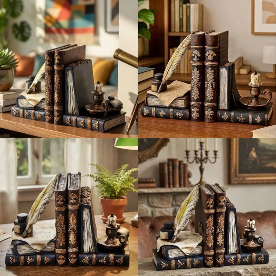 Vintage Bookends Wizard Feather Quill Pen and Ink Bottle with Oil Lamp Set of 2, Magical Antique Bronze Decorative Book Ends fo
Vintage Bookends Wizard Feather Quill Pen and Ink Bottle with Oil Lamp Set of 2, Magical Antique Bronze Decorative Book Ends fo
