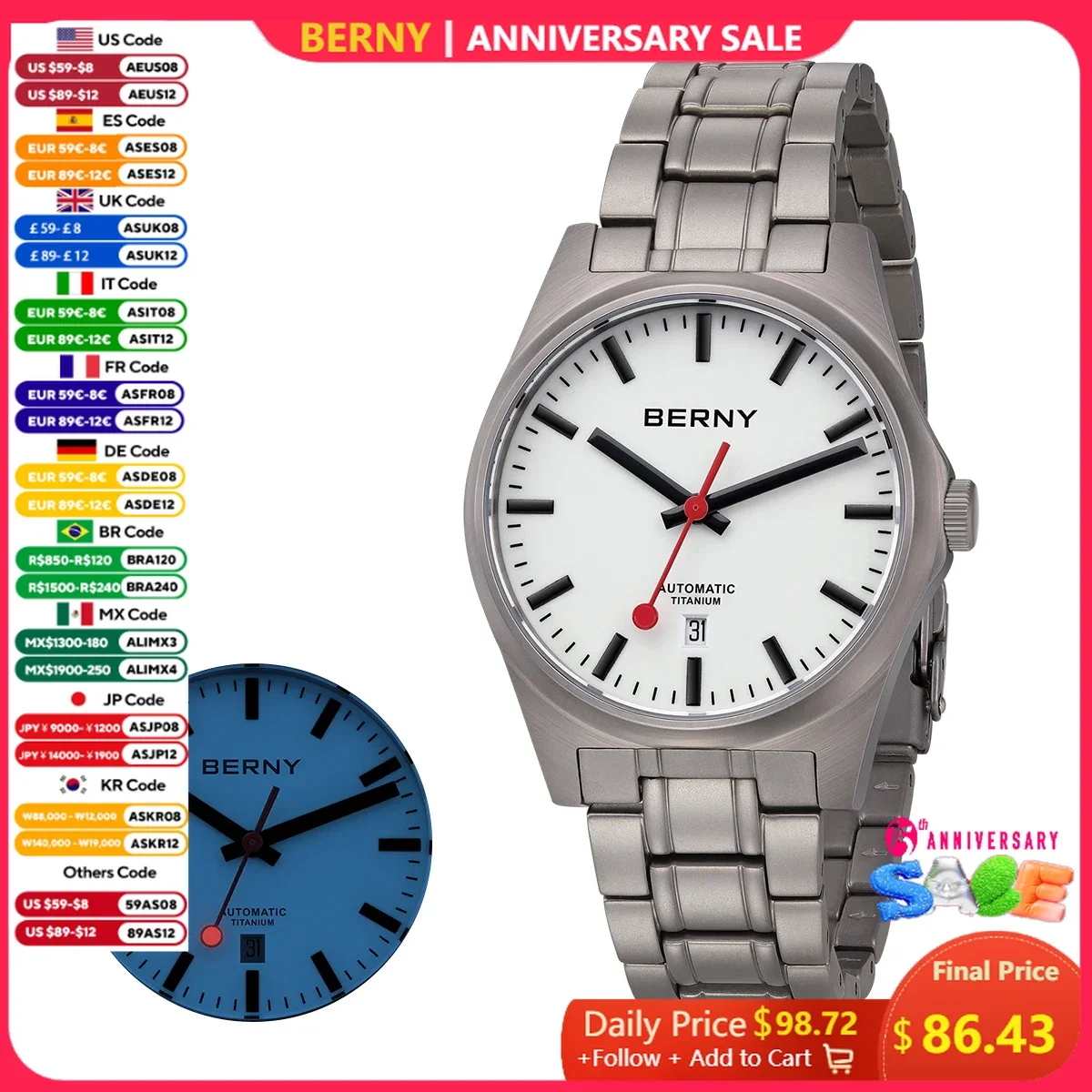 BERNY Titanium Automatic Watches for Men Mechanical Railroad Wristwatch Sapphire Full Luminous Dial 10ATM Waterproof Man Clock
BERNY Titanium Automatic Watches for Men Mechanical Railroad Wristwatch Sapphire Full Luminous Dial 10ATM Waterproof Man Clock