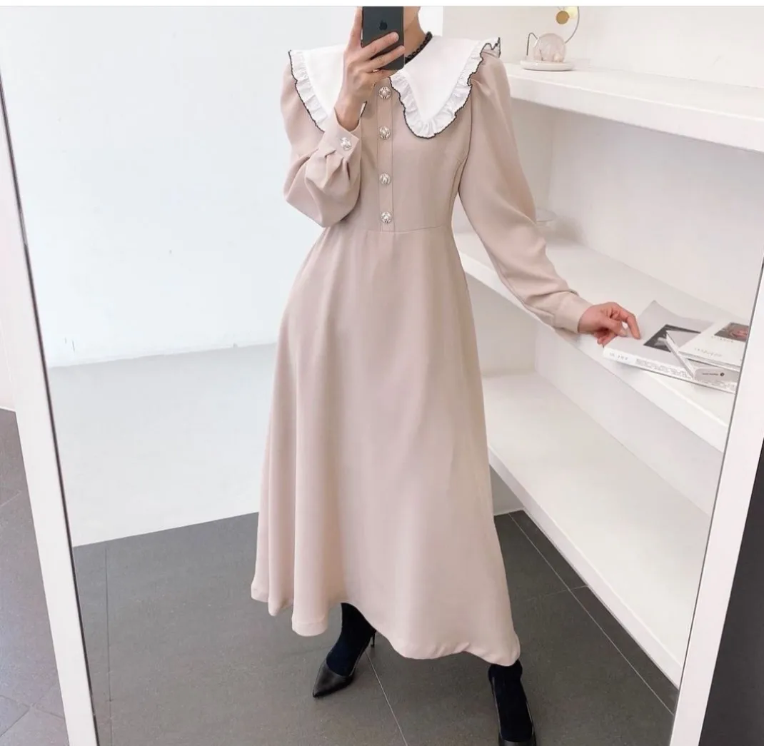 Korean Women Spring Autumn Elegant Patchwork Sweet Turn Down Collar Single Breasted Long Sleeve Casual A Line Maxi Dress
Korean Women Spring Autumn Elegant Patchwork Sweet Turn Down Collar Single Breasted Long Sleeve Casual A Line Maxi Dress