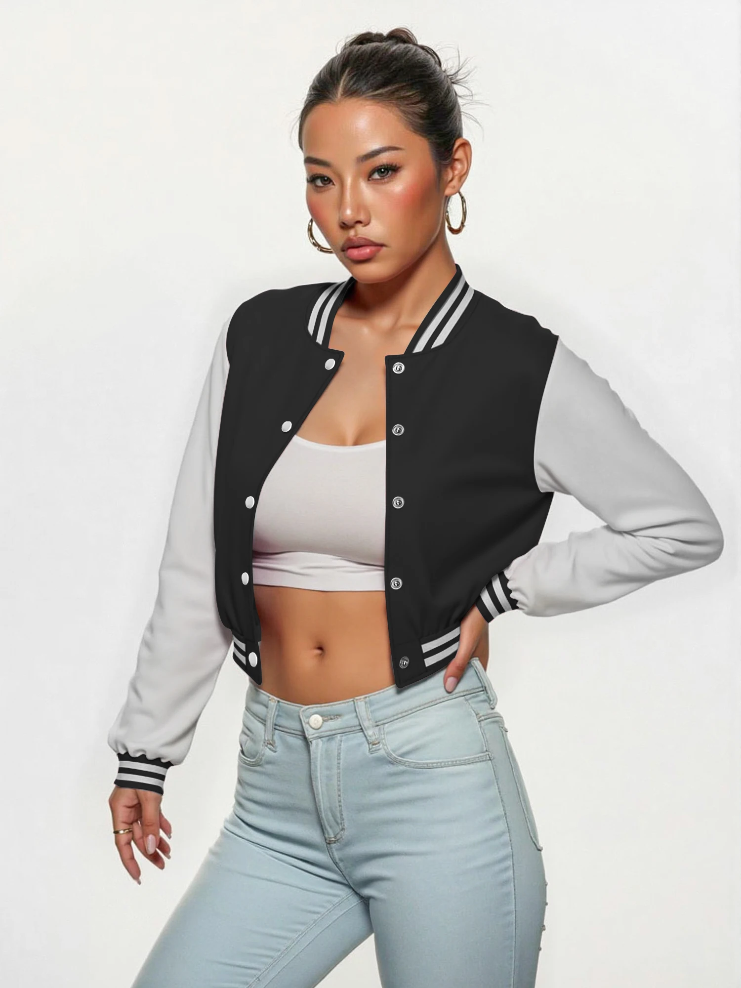 Cropped Varsity Bomber Jacket, Striped Trim Snap Button Baseball Coat for Streetwear & Campus Style
Cropped Varsity Bomber Jacket, Striped Trim Snap Button Baseball Coat for Streetwear & Campus Style