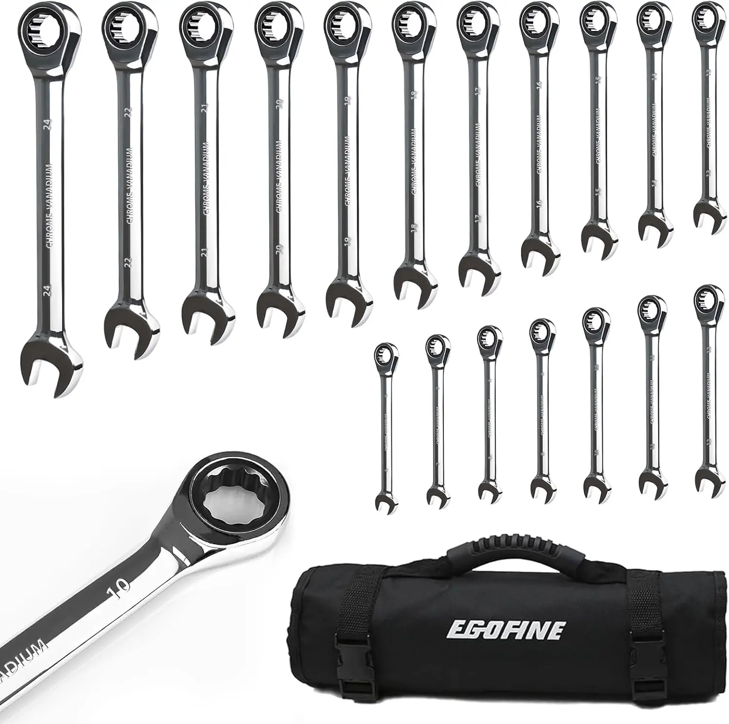 18-Piece Ratcheting Wrench Set, 6-24mm Metric, 72-Tooth Gears with Storage Bag
18-Piece Ratcheting Wrench Set, 6-24mm Metric, 72-Tooth Gears with Storage Bag
