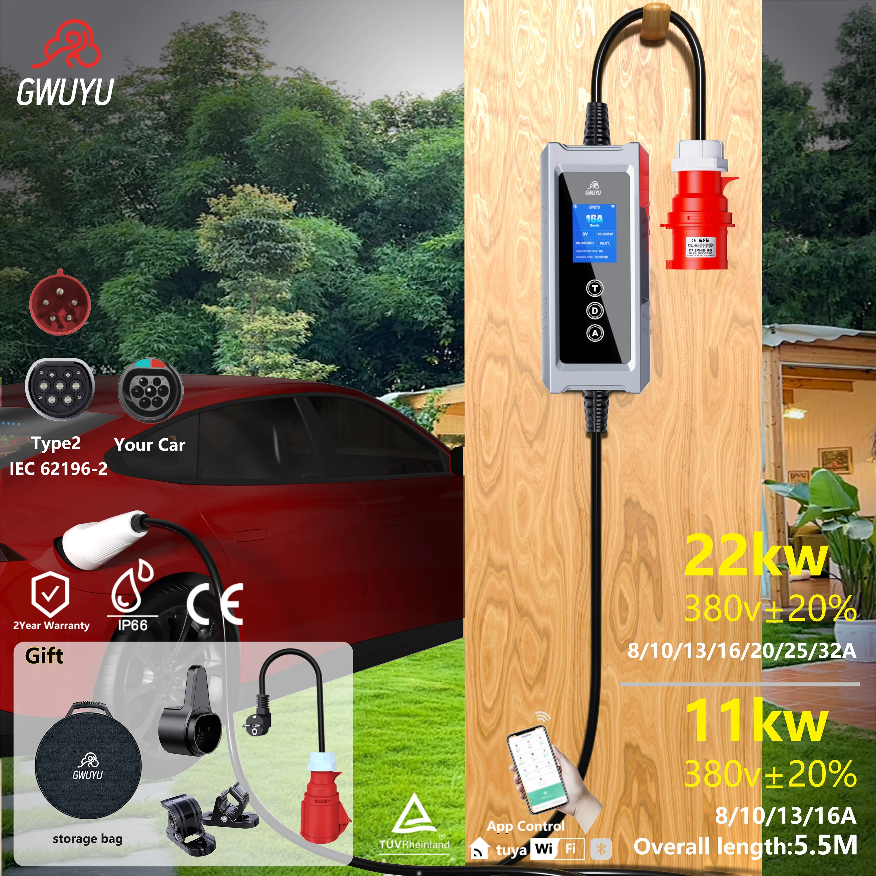 GWUYU 32A 22kw Type2 IEC62196-2 Portable EV Charger Tuya APP EVSE Charging Type2 Plug Wallbox for Electric Car 5.5M Cable
GWUYU 32A 22kw Type2 IEC62196-2 Portable EV Charger Tuya APP EVSE Charging Type2 Plug Wallbox for Electric Car 5.5M Cable