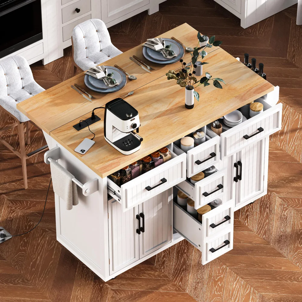 56.5" Kitchen Island with Drop Leaf and Power Outlet,on Wheels W/Adjustable Shelves,4 Doors & 5 Deep Drawers,Dining Room,White
56.5" Kitchen Island with Drop Leaf and Power Outlet,on Wheels W/Adjustable Shelves,4 Doors & 5 Deep Drawers,Dining Room,White