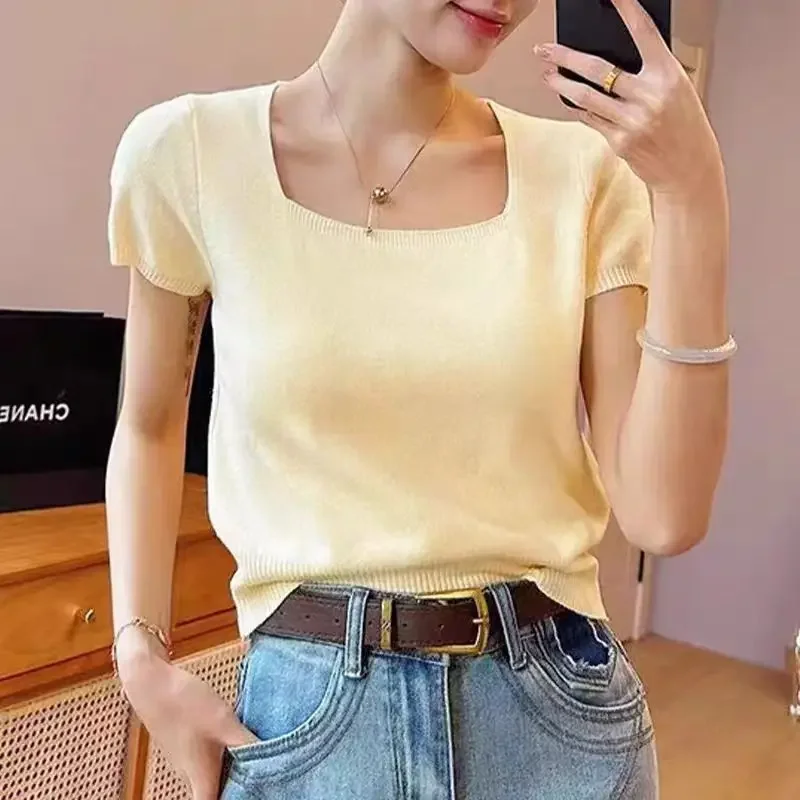 Short Sleeve Knitted T-Shirt Women's Summer Square Neck Simple Design Shoulder Top Short Basic Upper Apparel E6162
Short Sleeve Knitted T-Shirt Women's Summer Square Neck Simple Design Shoulder Top Short Basic Upper Apparel E6162