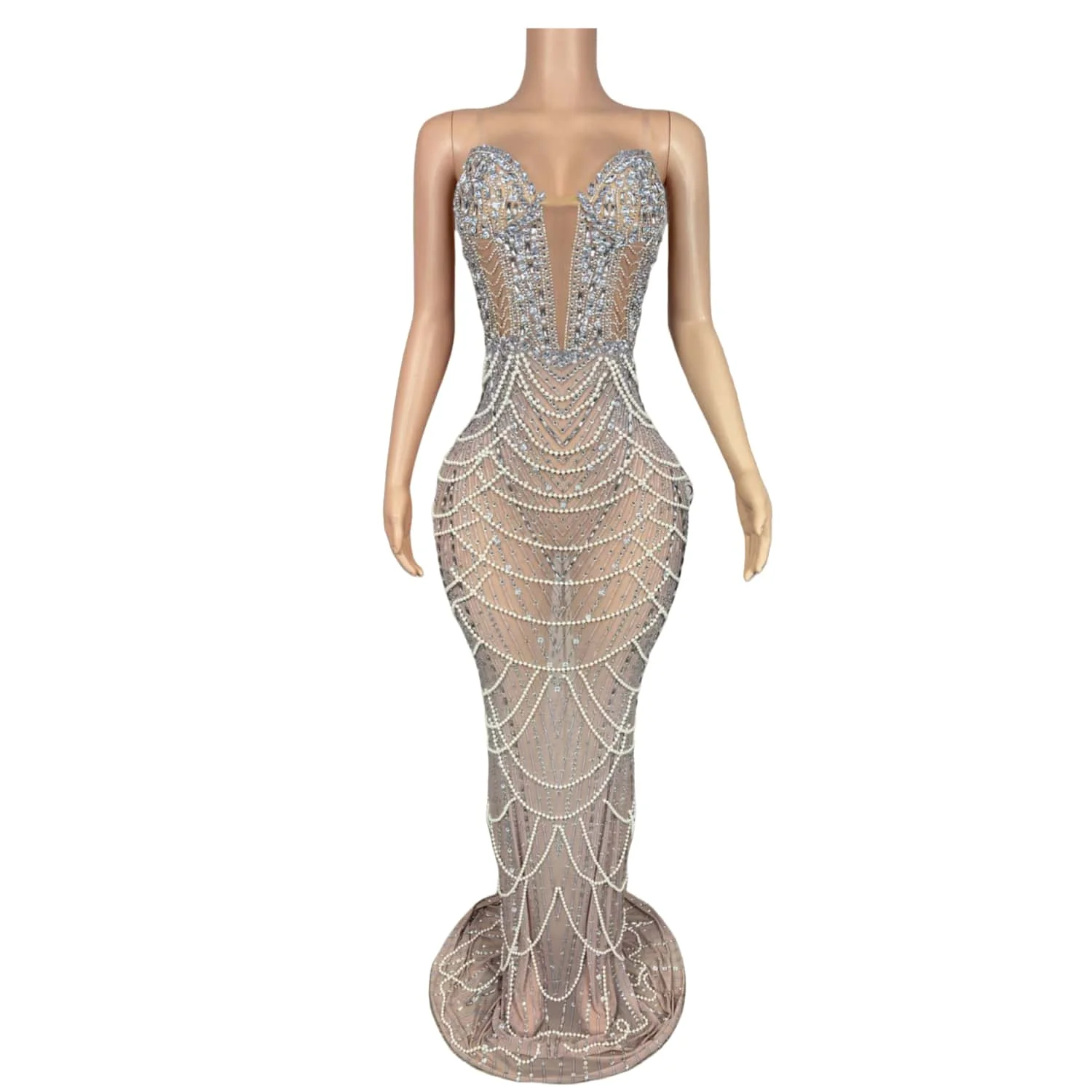 Sexy Strapless V-neck Evening Gown Silver Rhinestones White Pearl Chain Dress Nightclub Club Red Carpet Runway Dress zhenzhulian
Sexy Strapless V-neck Evening Gown Silver Rhinestones White Pearl Chain Dress Nightclub Club Red Carpet Runway Dress zhenzhulian