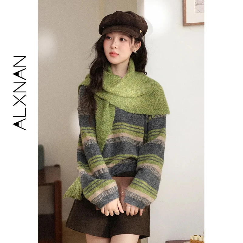 ALXNAN Women's Sweater Korean Trend Green Striped Pullover Autumn Winter Warm Loose-fit Jumper Ladies with Scarf Gift L60069
ALXNAN Women's Sweater Korean Trend Green Striped Pullover Autumn Winter Warm Loose-fit Jumper Ladies with Scarf Gift L60069