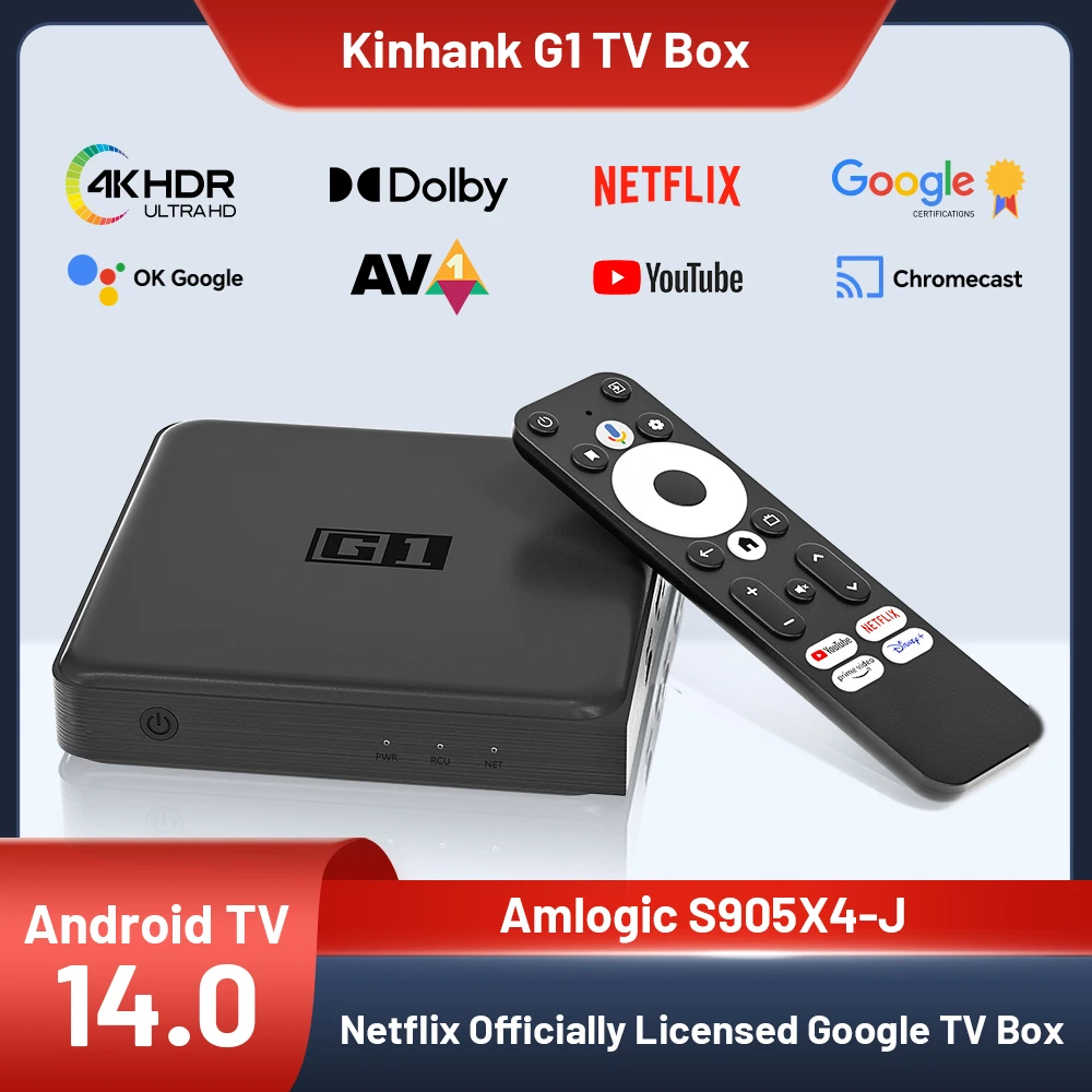 KINHANK G1 Smart TV Box 4K@60fps for Netflix with Google Certified Android TV 14 Dolby Vision&Digital Plus AV1 WiFi6 Set-Top Box
KINHANK G1 Smart TV Box 4K@60fps for Netflix with Google Certified Android TV 14 Dolby Vision&Digital Plus AV1 WiFi6 Set-Top Box