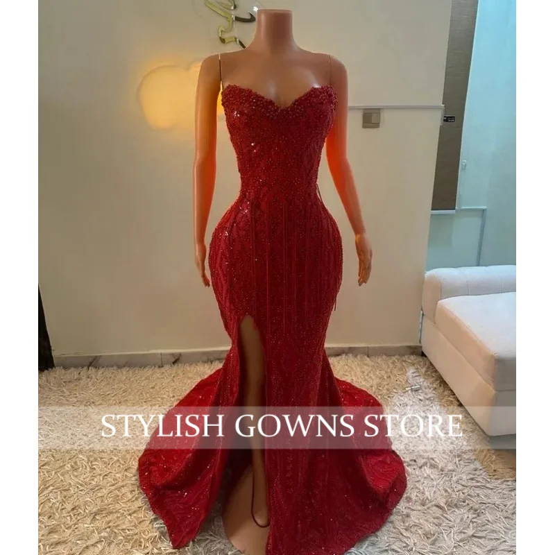 Sexy Red Prom Dresses For Black Girls 2026 Mermaid Split Pearls Sequins Tassel Sleeveless Long Evening Party Gowns Customized
Sexy Red Prom Dresses For Black Girls 2026 Mermaid Split Pearls Sequins Tassel Sleeveless Long Evening Party Gowns Customized