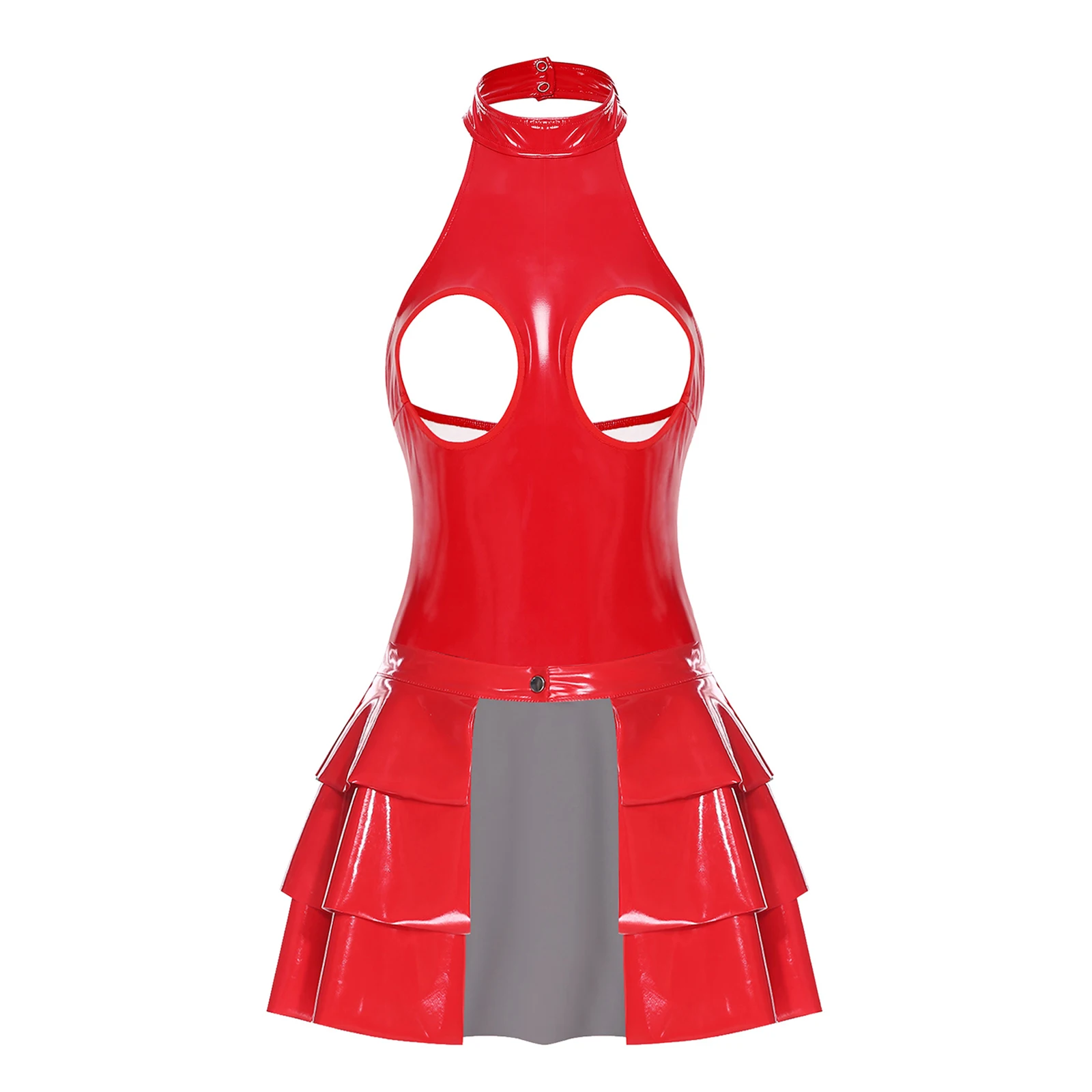 Womens Glossy PU Halter Bodysuit Cutout Chest Backless Open Crotch with Open Front Tiered Ruffled Miniskirt Pole Dance Clubwear
Womens Glossy PU Halter Bodysuit Cutout Chest Backless Open Crotch with Open Front Tiered Ruffled Miniskirt Pole Dance Clubwear