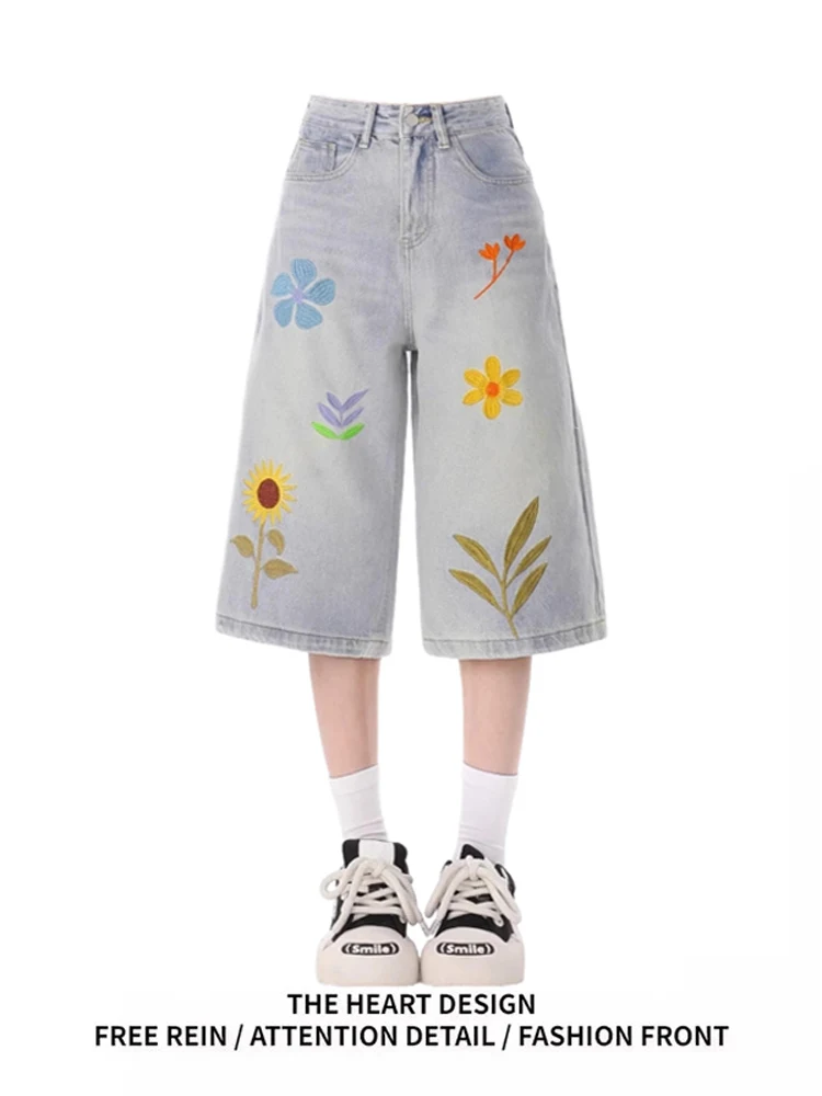 Retro American Floral Embroidery Jeans orts Women's Summer Loose Straight Design Sense Seven Pants High Waist Wide Leg
Retro American Floral Embroidery Jeans orts Women's Summer Loose Straight Design Sense Seven Pants High Waist Wide Leg