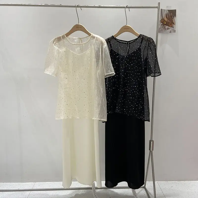 Thin Transparent Lace T-shirts And Long Dress Of Set Sequins Tee Top And Slip Dress Loose Fashion Summer Suit 2 Piece Set 2025
Thin Transparent Lace T-shirts And Long Dress Of Set Sequins Tee Top And Slip Dress Loose Fashion Summer Suit 2 Piece Set 2025