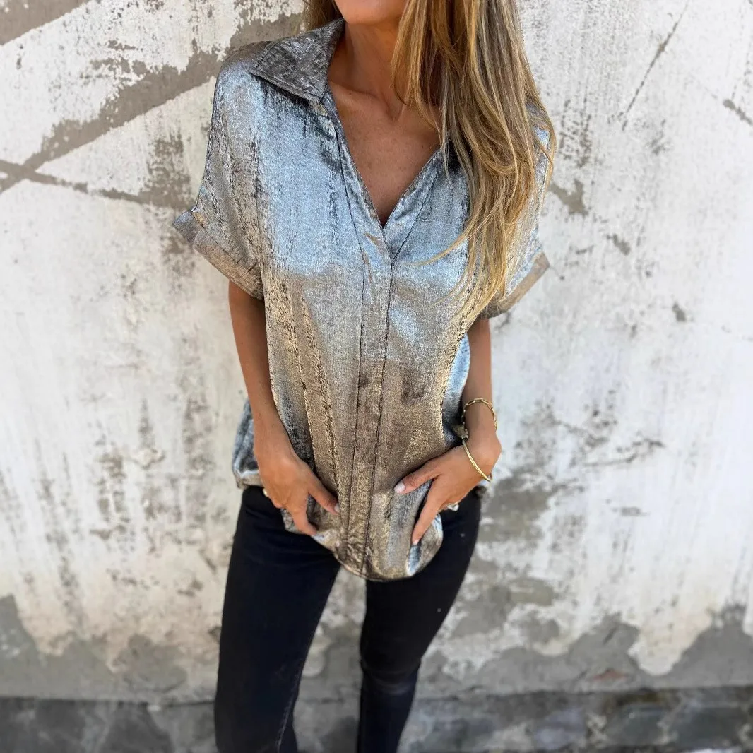 Loose Fit Blouse Turn Down Collar Gold Foil Blouses Metallic Button-Up Shirt Oversized Fit Crinkled Texture Casual Shirt
Loose Fit Blouse Turn Down Collar Gold Foil Blouses Metallic Button-Up Shirt Oversized Fit Crinkled Texture Casual Shirt