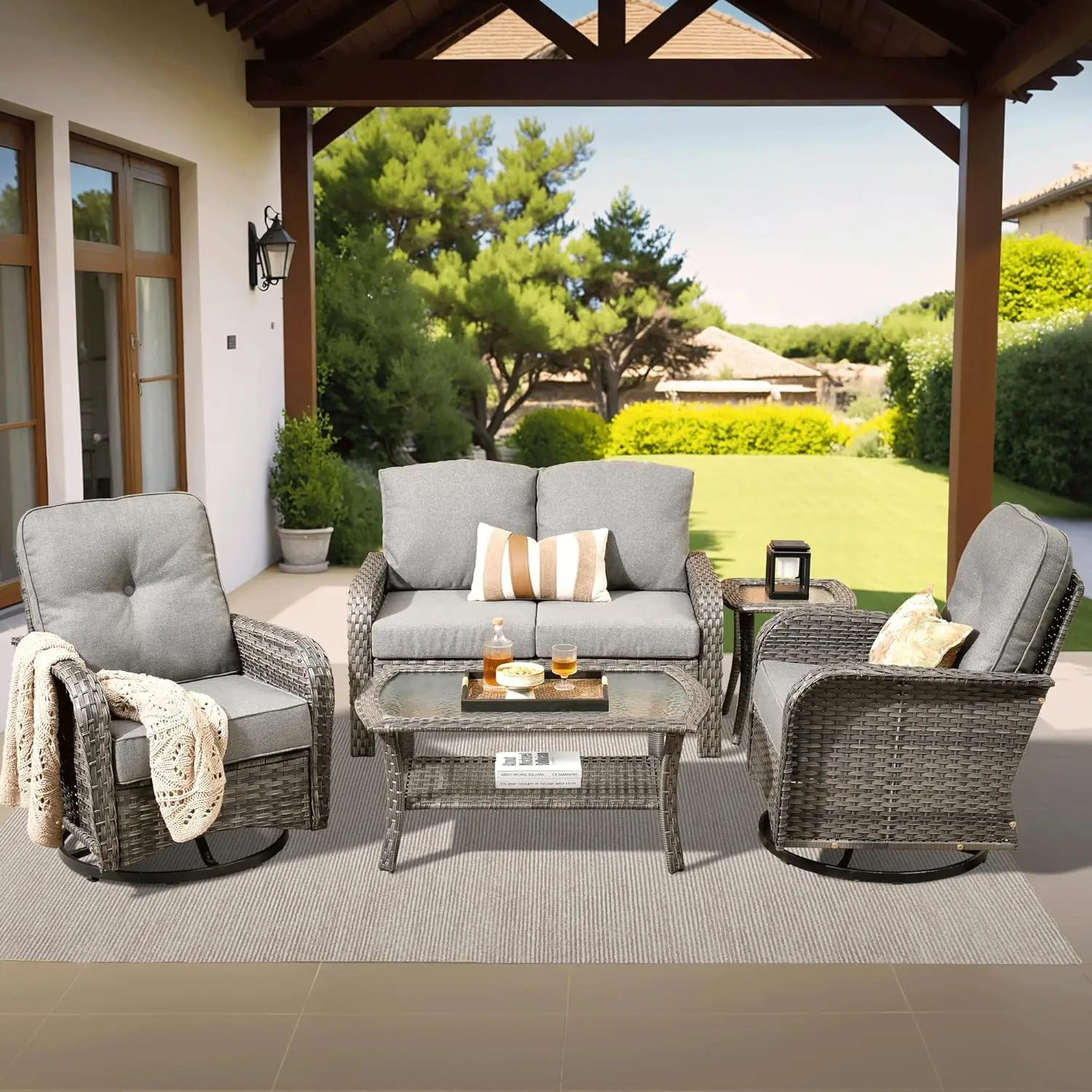 5pc Wicker Patio Set Swivel Chairs Table High Back Cushions Yard Deck Grey, Custom
5pc Wicker Patio Set Swivel Chairs Table High Back Cushions Yard Deck Grey, Custom