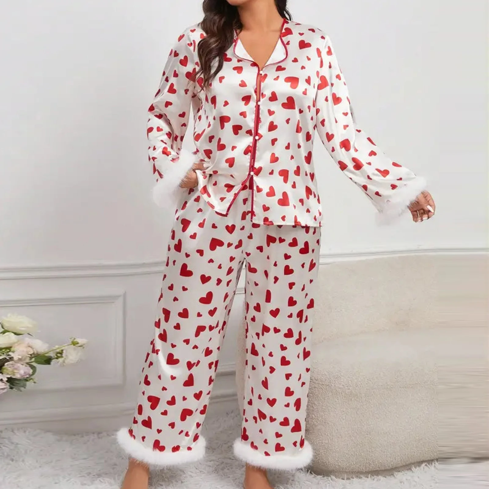 Women's Valentine's Day Lounge Set Long Sleeve Button Up Heart Print Tops Pants Sleepwear Sets
Women's Valentine's Day Lounge Set Long Sleeve Button Up Heart Print Tops Pants Sleepwear Sets