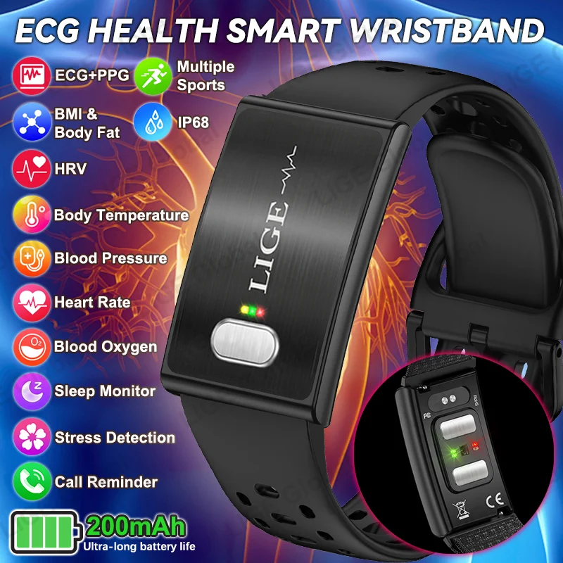 LIGE New ECG+PPG Smart Bracelet Body Temperature Blood Oxygen Pressure BMI Body Fat Sports Fitness Health Watch Vibration Alert
LIGE New ECG+PPG Smart Bracelet Body Temperature Blood Oxygen Pressure BMI Body Fat Sports Fitness Health Watch Vibration Alert