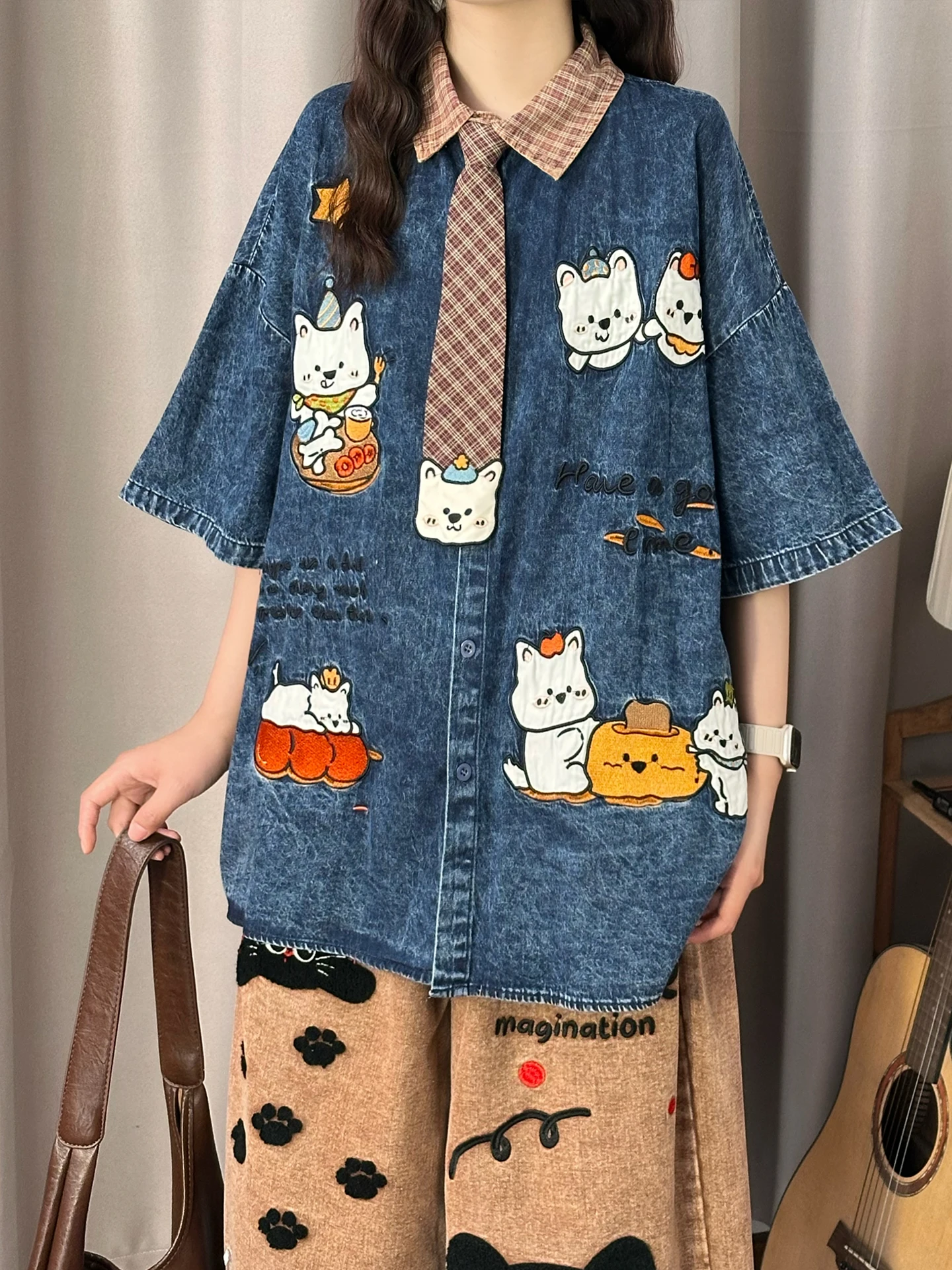 Original American Retro Cute Little Dog Embroidery Denim Short Sleeve Loose Women's Shirt Summer Breathable Cotton Polyester ...
Original American Retro Cute Little Dog Embroidery Denim Short Sleeve Loose Women's Shirt Summer Breathable Cotton Polyester ...
