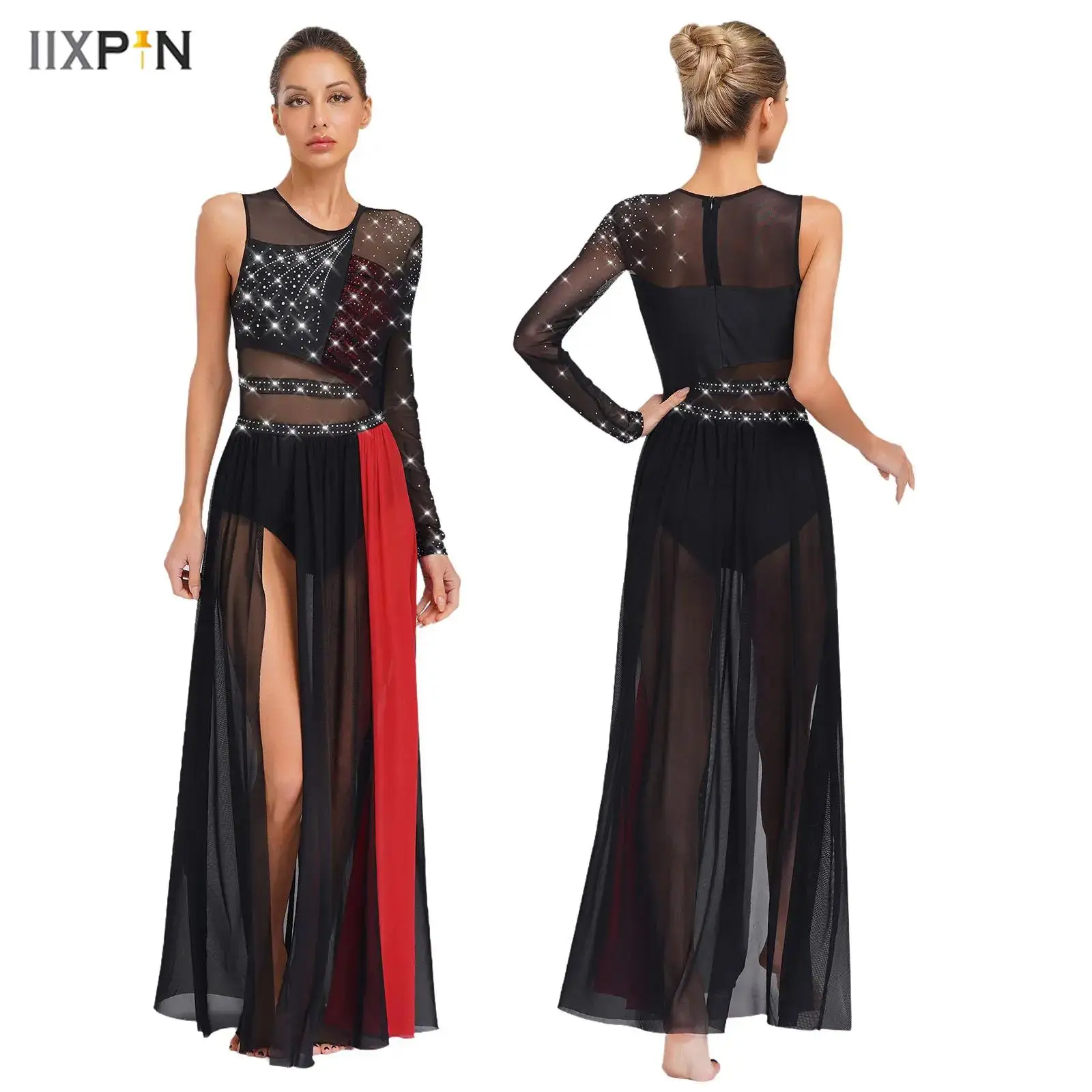 Lyrical Dance Dress for Women Shiny Rhinestones Side Split Sheer Mesh Color Block Patchwork Leotard Dress Modern Ballet Dresses 
Lyrical Dance Dress for Women Shiny Rhinestones Side Split Sheer Mesh Color Block Patchwork Leotard Dress Modern Ballet Dresses
