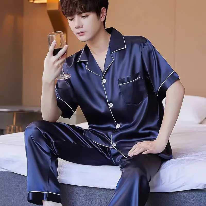 Men's Summer Ice-Silk Pajamas: Short-Sleeve Top and Long Pants, Lightweight, Solid Color, High-Quality Loungewear Two-Piece Set
Men's Summer Ice-Silk Pajamas: Short-Sleeve Top and Long Pants, Lightweight, Solid Color, High-Quality Loungewear Two-Piece Set