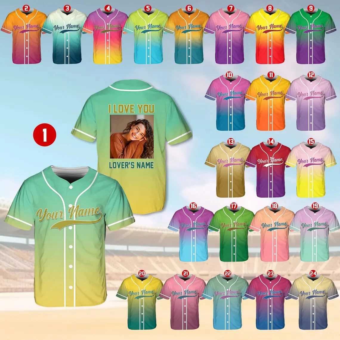 Custom Photo Personalized Name Gradient Baseball Jersey Custom I Love You Slogan Back Print Button Down Short Sleeve Sports Tees
Custom Photo Personalized Name Gradient Baseball Jersey Custom I Love You Slogan Back Print Button Down Short Sleeve Sports Tees