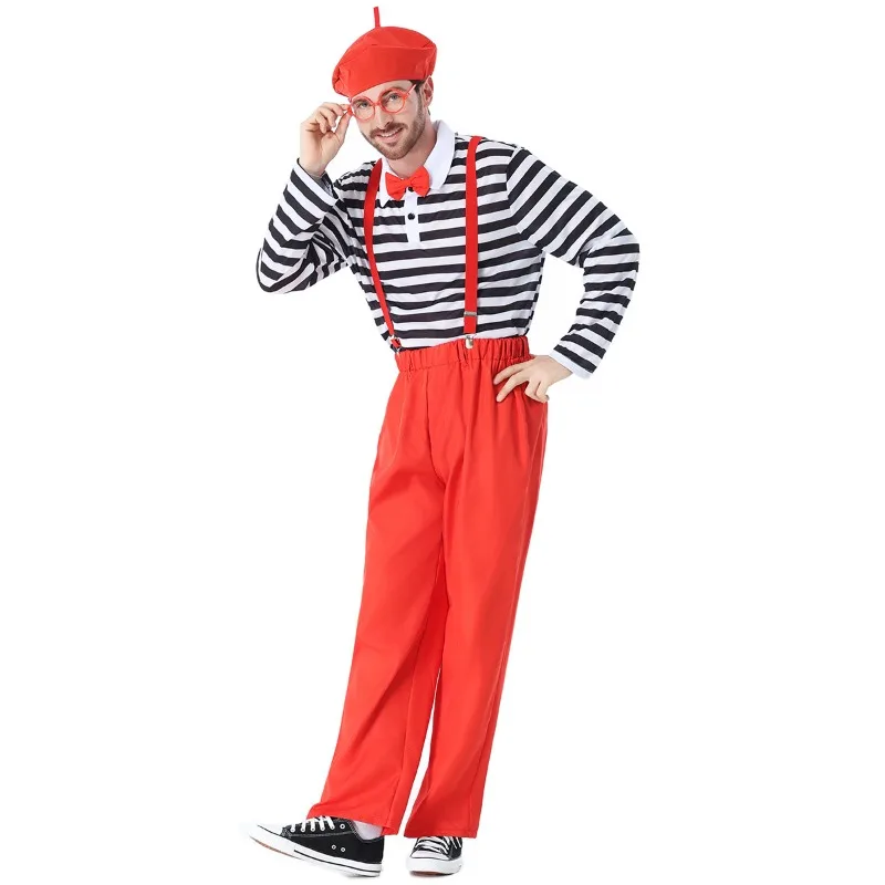 Halloween Cosplay Costume Clown Red Overalls Black White Striped Top Suit Theme Party Role Playing Outfits for Adult Unisex
Halloween Cosplay Costume Clown Red Overalls Black White Striped Top Suit Theme Party Role Playing Outfits for Adult Unisex