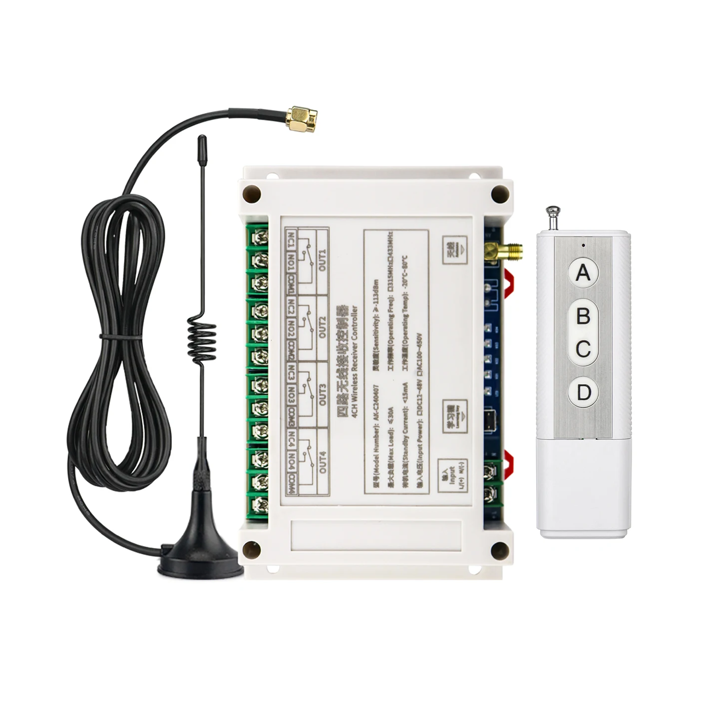DC 12V 24V 36V 48V 4CH 30A relay RF switch Wireless Remote lighting Control power switch Motor/water pump
DC 12V 24V 36V 48V 4CH 30A relay RF switch Wireless Remote lighting Control power switch Motor/water pump