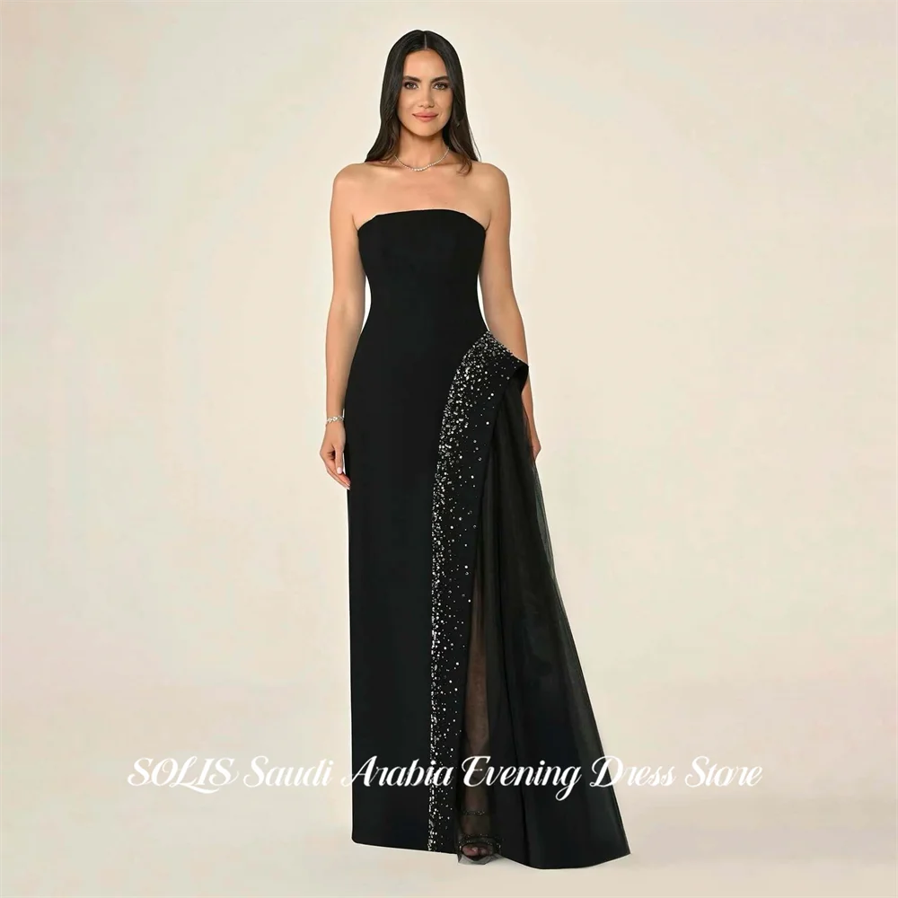 SOLIS Black Evening Gown Strapless Prom Dress A Line Satin Wedding Evening Dress with Crystal robes de soirée Modest Customized
SOLIS Black Evening Gown Strapless Prom Dress A Line Satin Wedding Evening Dress with Crystal robes de soirée Modest Customized