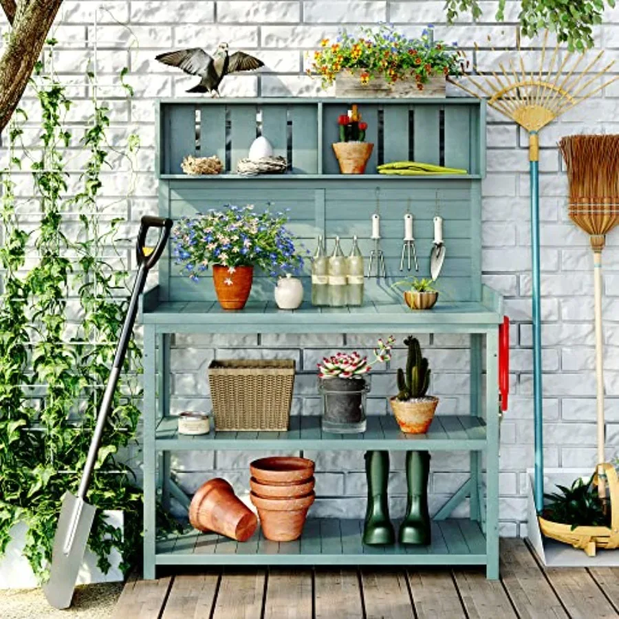 Farmhouse Outdoor Garden Potting Bench Table, Wood Large Patio Workstation, Potting Bench with 4 Storage Shelves and Side Hook
Farmhouse Outdoor Garden Potting Bench Table, Wood Large Patio Workstation, Potting Bench with 4 Storage Shelves and Side Hook