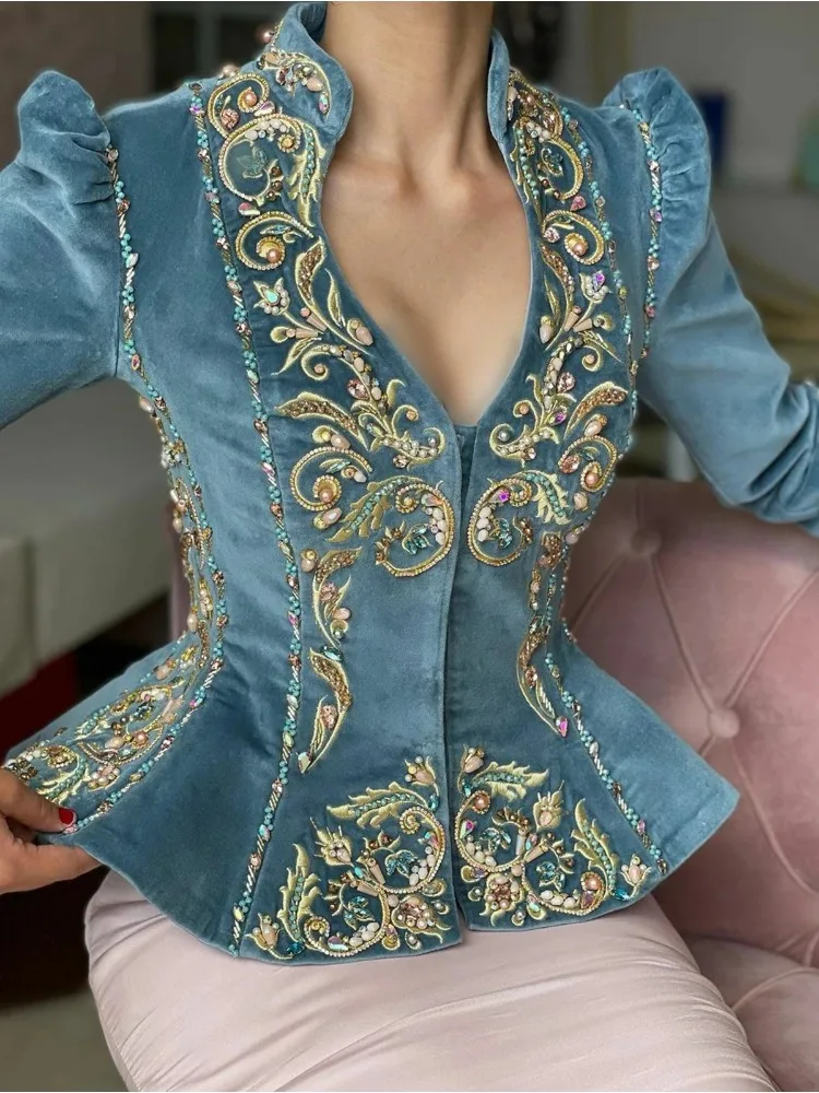 Women's Elegant Floral Embroidered Deep V Neck Blouse Peplum Long Sleeve Slim Waist Asymmetric Vintage Velvet Top Chic
Women's Elegant Floral Embroidered Deep V Neck Blouse Peplum Long Sleeve Slim Waist Asymmetric Vintage Velvet Top Chic