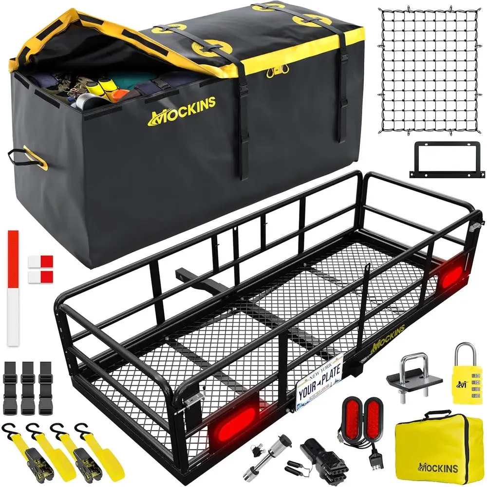60x24x14 High Rail Trailer Hitch Cargo Carrier with Rear Lights, Plate Bracket & Waterproof Bag, 500 lbs Capacity for Cars, SUVs
60x24x14 High Rail Trailer Hitch Cargo Carrier with Rear Lights, Plate Bracket & Waterproof Bag, 500 lbs Capacity for Cars, SUVs