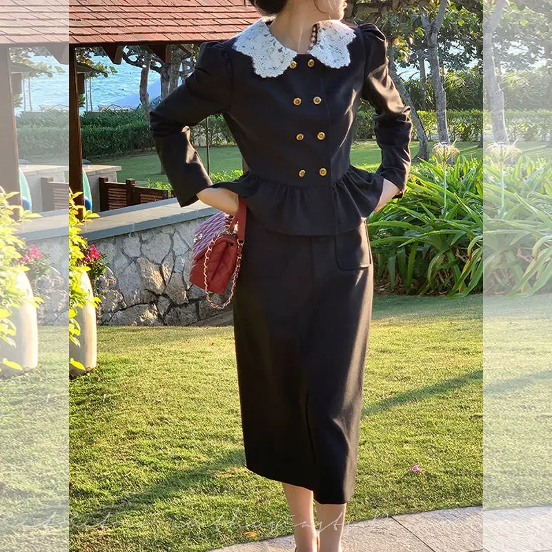 Women French Hepburn Style Two Piece Set Autumn Lace Collar Peplum Blazer Midi Skirt Suit
Women French Hepburn Style Two Piece Set Autumn Lace Collar Peplum Blazer Midi Skirt Suit