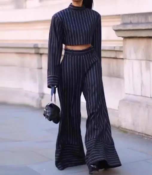 Two Piece Set Women Outfit 2026 Spring New Fashion Striped Print Mock Neck Long Sleeve Crop Top & High Waist Wide Leg Pants Set
Two Piece Set Women Outfit 2026 Spring New Fashion Striped Print Mock Neck Long Sleeve Crop Top & High Waist Wide Leg Pants Set