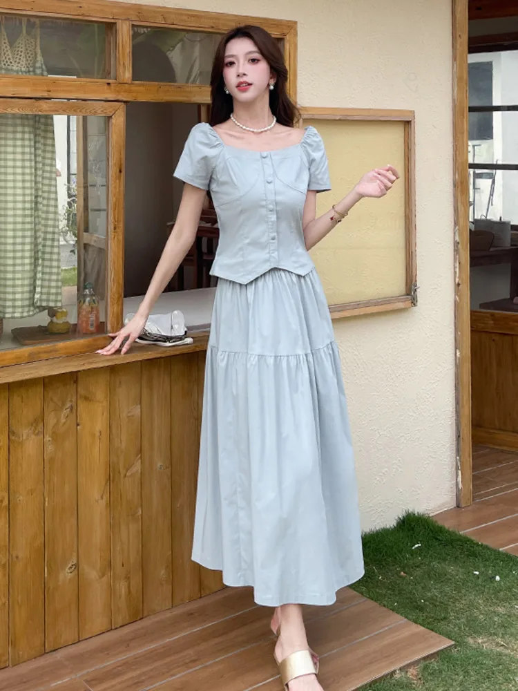 French Style Square Collar Short Sleeve Shirt Blouse + Long Skirt 2 Piece Set For Women 2025 Summer New Top Skirt Two Piece Sets
French Style Square Collar Short Sleeve Shirt Blouse + Long Skirt 2 Piece Set For Women 2025 Summer New Top Skirt Two Piece Sets