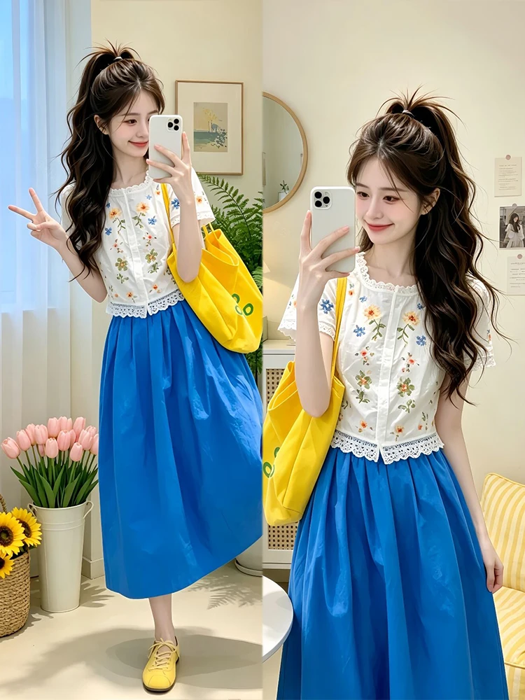 Blue Embroidered Shirt And High Waist Midi Skirt Set Women's plus Size Fashionable Summer Outfit Korean Style Comfortable Clo...
Blue Embroidered Shirt And High Waist Midi Skirt Set Women's plus Size Fashionable Summer Outfit Korean Style Comfortable Clo...