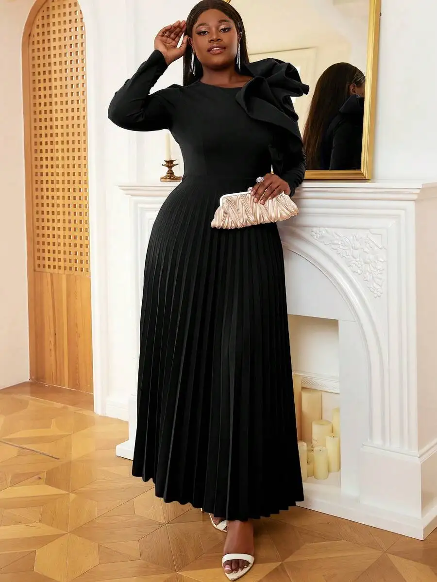 Elegant Long Sleeve Pleated Maxi Dress With Ruffle Detail
Elegant Long Sleeve Pleated Maxi Dress With Ruffle Detail